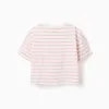 Striped cotton T-shirt with Besties print for girls, white/pink