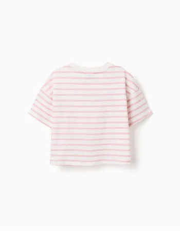 Striped cotton T-shirt with Besties print for girls, white/pink