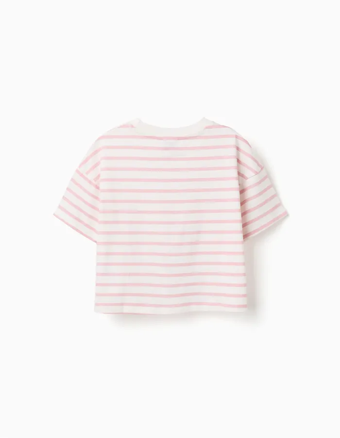 Striped cotton T-shirt with Besties print for girls, white/pink