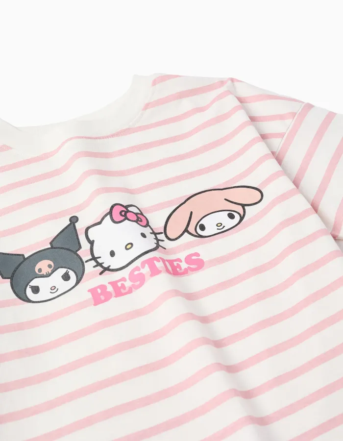 Striped cotton T-shirt with Besties print for girls, white/pink