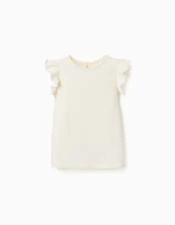 T-shirt with ruffled sleeves and round collar for girls, light beige