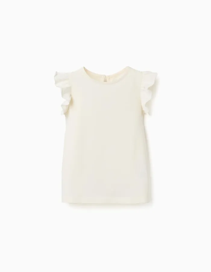 T-shirt with ruffled sleeves and round collar for girls, light beige