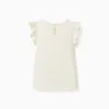 T-shirt with ruffled sleeves and round collar for girls, light beige