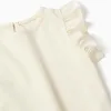 T-shirt with ruffled sleeves and round collar for girls, light beige