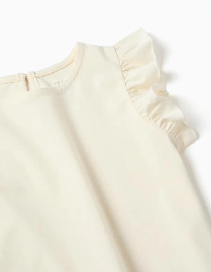 T-shirt with ruffled sleeves and round collar for girls, light beige