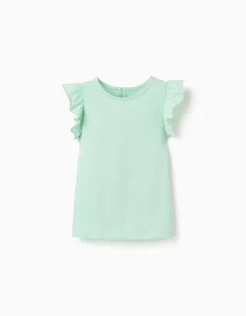 T-shirt with ruffled sleeves and round collar for girls, light green