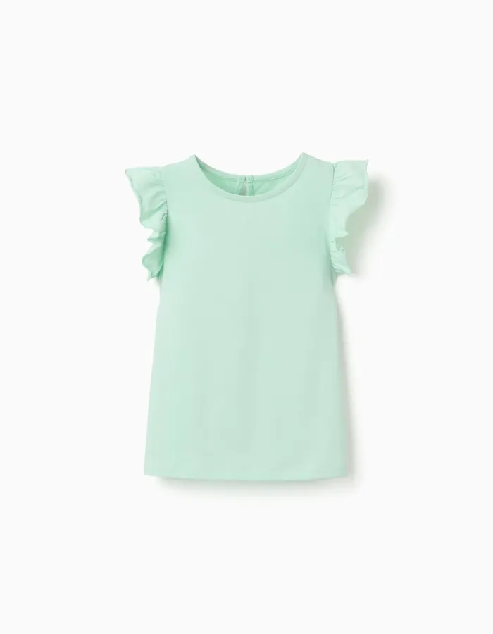 T-shirt with ruffled sleeves and round collar for girls, light green