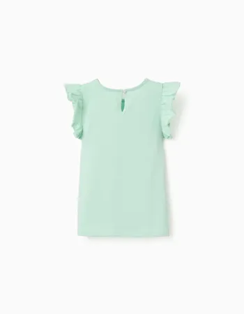 T-shirt with ruffled sleeves and round collar for girls, light green