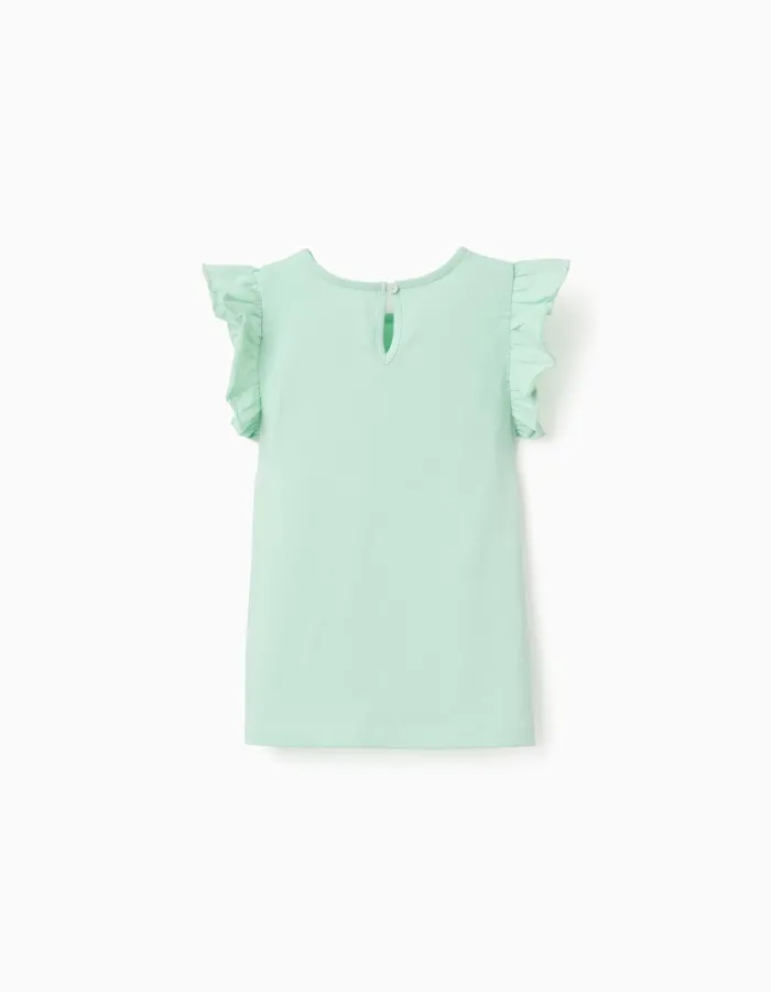 T-shirt with ruffled sleeves and round collar for girls, light green