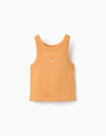 Ribbed tank top with embroidered flower for girls, orange