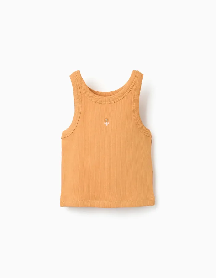 Ribbed tank top with embroidered flower for girls, orange