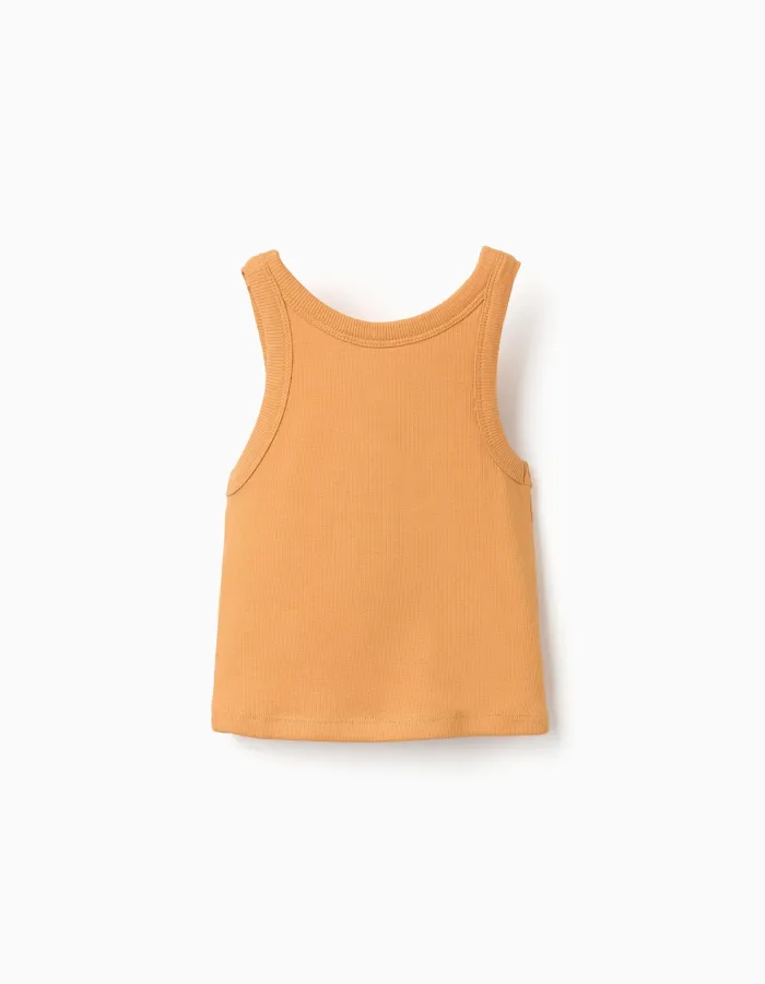 Ribbed tank top with embroidered flower for girls, orange