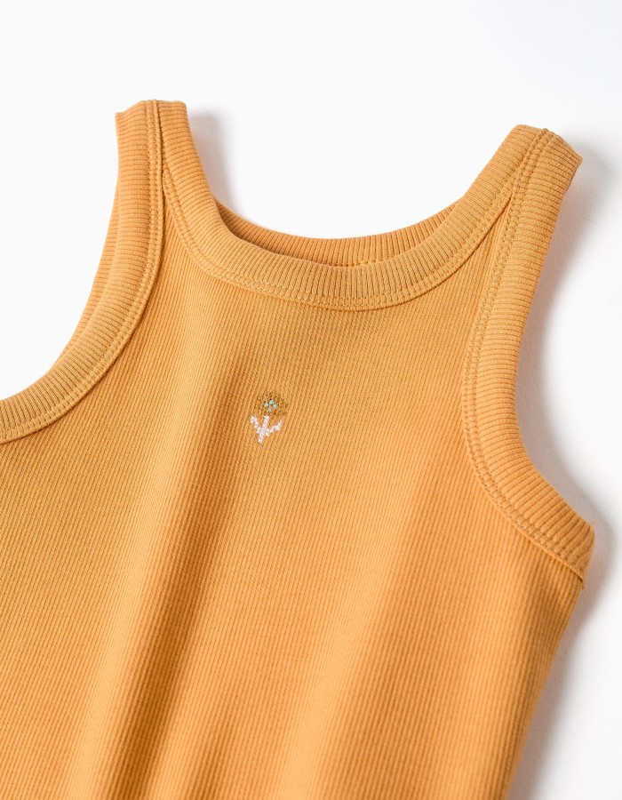 Ribbed tank top with embroidered flower for girls, orange