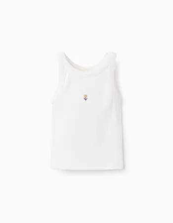 Ribbed tank top with embroidered flower for girls, white