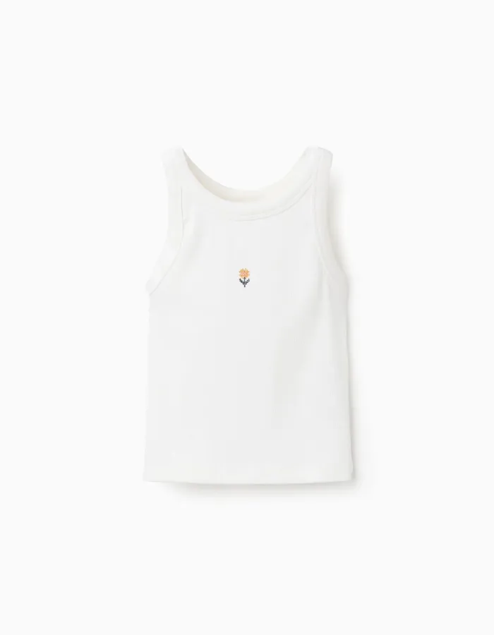 Ribbed tank top with embroidered flower for girls, white