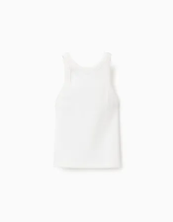 Ribbed tank top with embroidered flower for girls, white