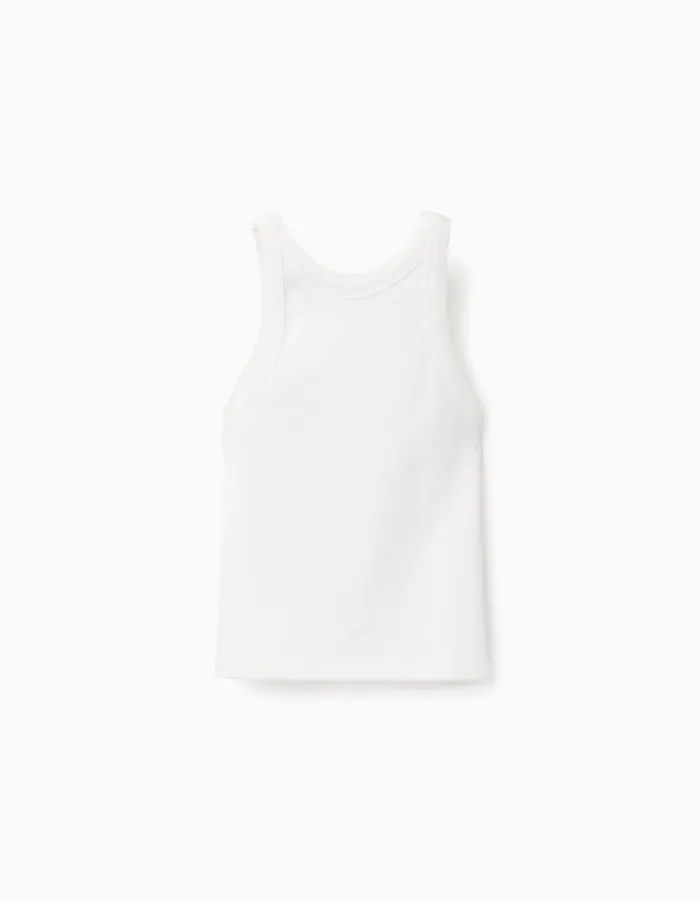 Ribbed tank top with embroidered flower for girls, white