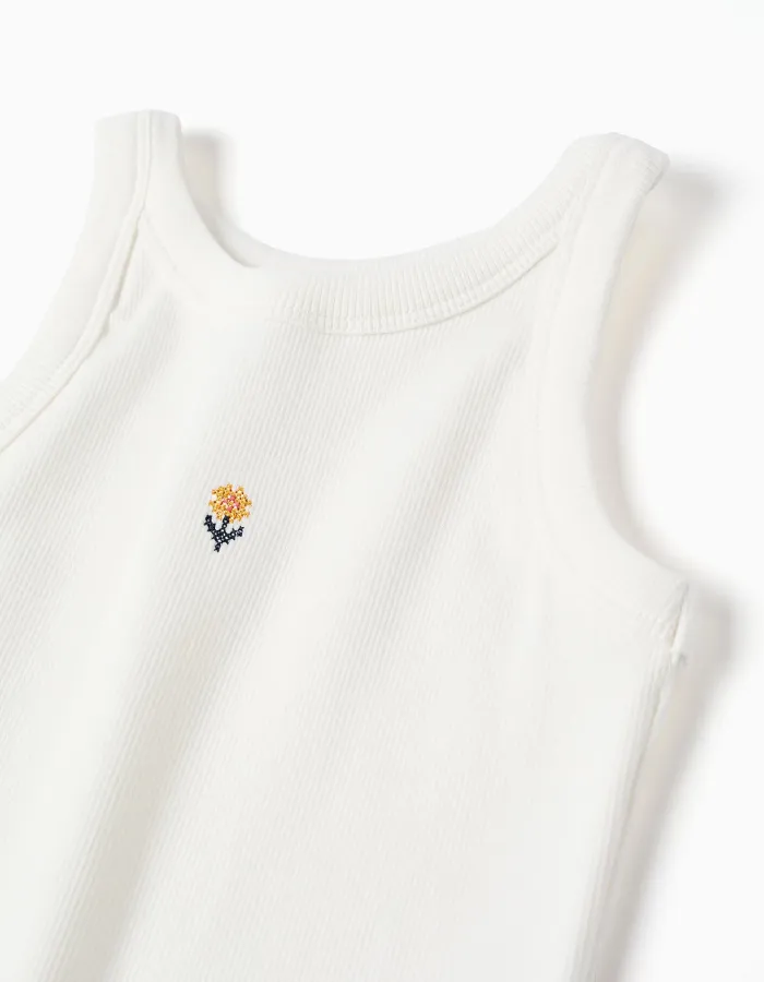 Ribbed tank top with embroidered flower for girls, white