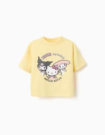 Cotton T-shirt with Kuromi and friends print for girls, yellow