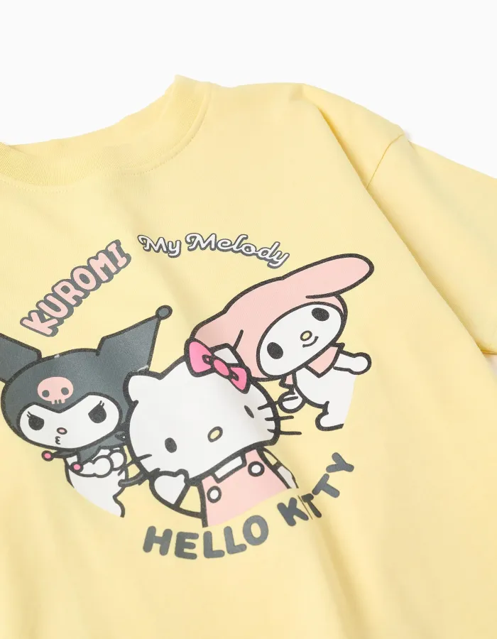 Cotton T-shirt with Kuromi and friends print for girls, yellow