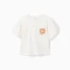 Cotton T-shirt with crochet pocket for girls, white