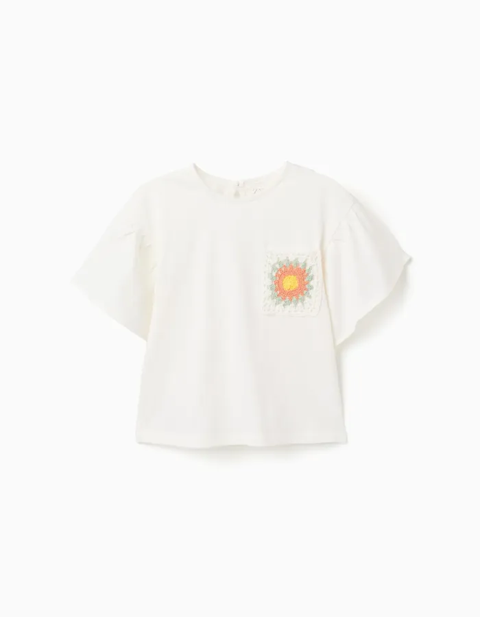 Cotton T-shirt with crochet pocket for girls, white