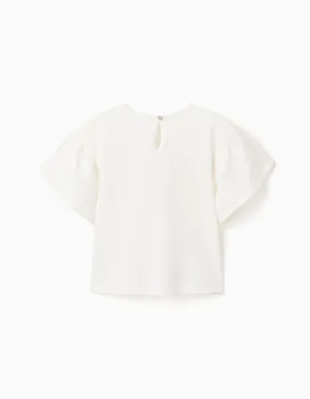 Cotton T-shirt with crochet pocket for girls, white