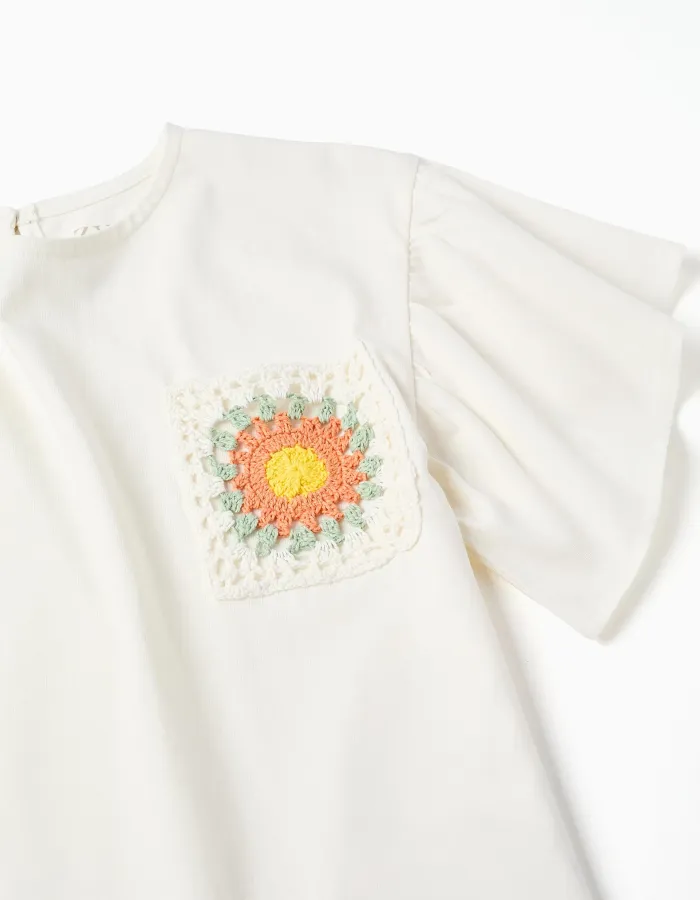 Cotton T-shirt with crochet pocket for girls, white