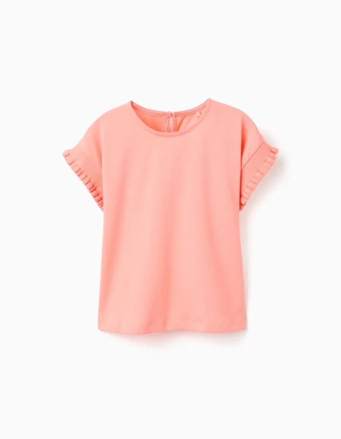 Cotton T-shirt with ruffled sleeves for girls, light coral