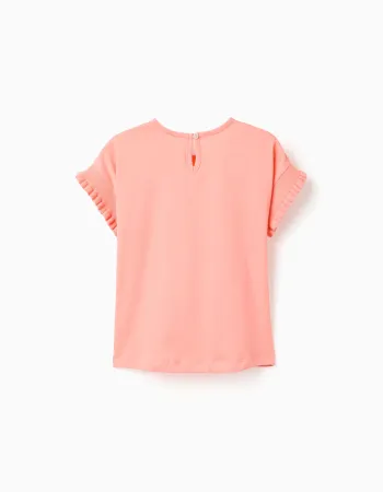Cotton T-shirt with ruffled sleeves for girls, light coral