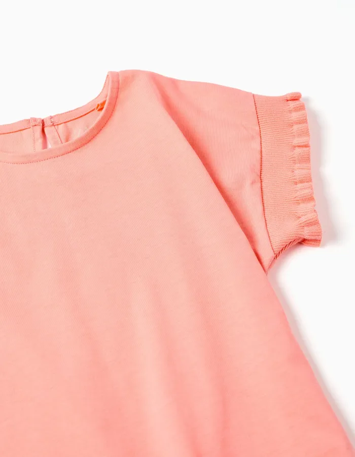 Cotton T-shirt with ruffled sleeves for girls, light coral