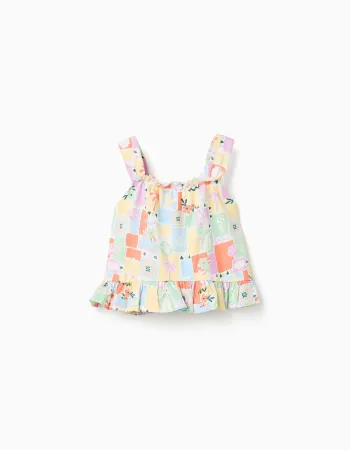 Sleeveless cotton top with colourful print for girls, multicolour