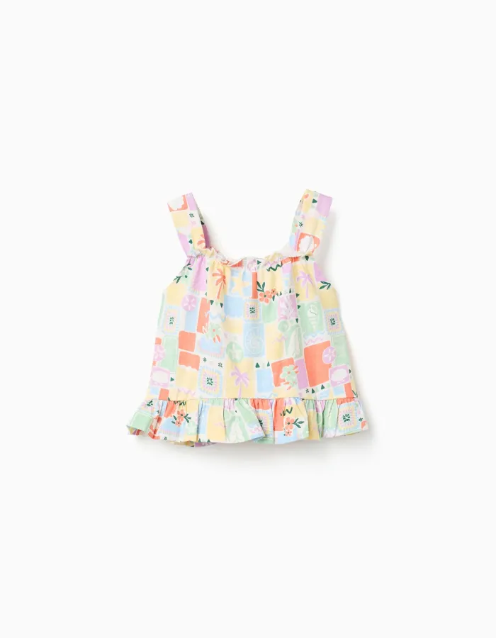 Sleeveless cotton top with colourful print for girls, multicolour