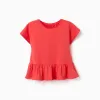 Cotton T-shirt with ruffled hem for girls, coral