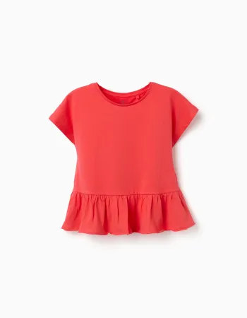 Cotton T-shirt with ruffled hem for girls, coral