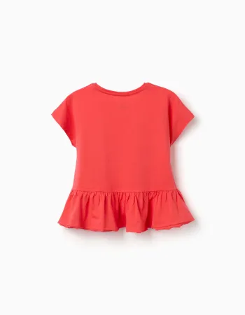 Cotton T-shirt with ruffled hem for girls, coral