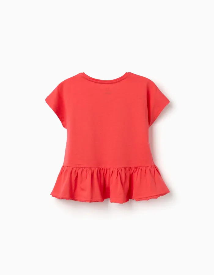 Cotton T-shirt with ruffled hem for girls, coral