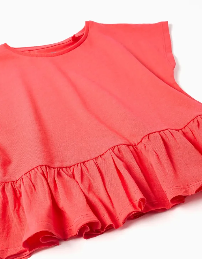 Cotton T-shirt with ruffled hem for girls, coral