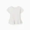 Cotton T-shirt with ruffled hem for girls, white