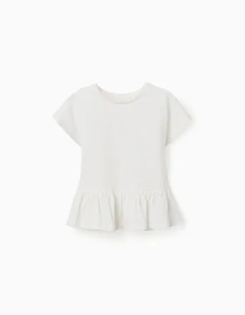 Cotton T-shirt with ruffled hem for girls, white