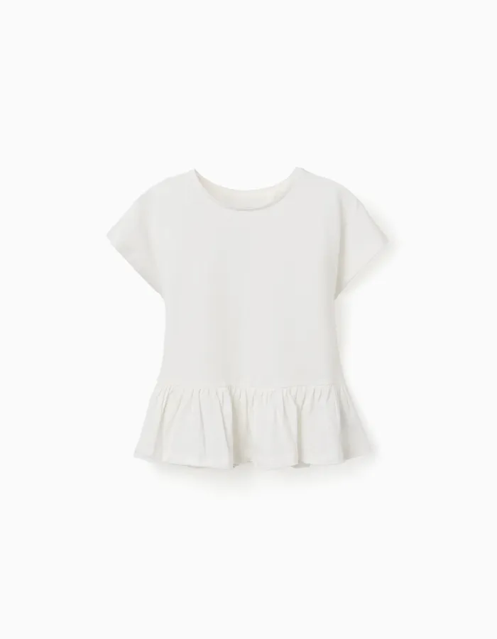 Cotton T-shirt with ruffled hem for girls, white