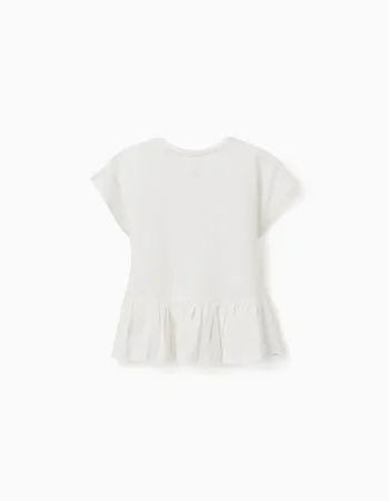 Cotton T-shirt with ruffled hem for girls, white