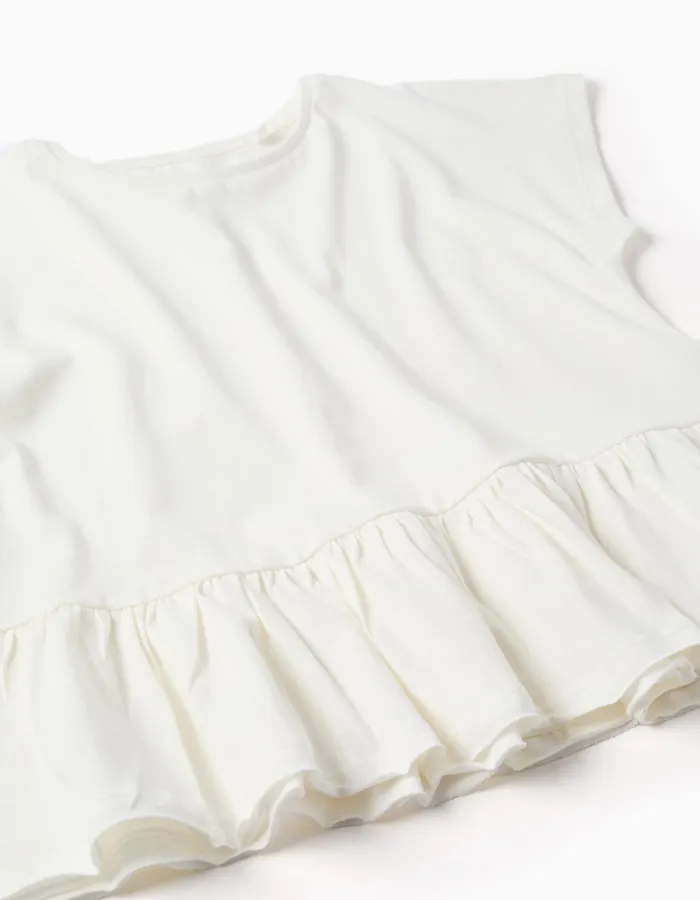 Cotton T-shirt with ruffled hem for girls, white