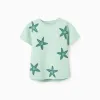 Cotton T-shirt with starfish print for girls, light green