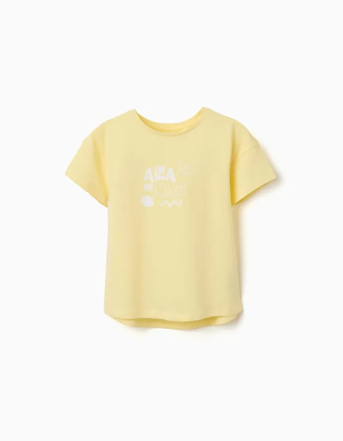 Cotton T-shirt with Alma de Mar print for girls, yellow