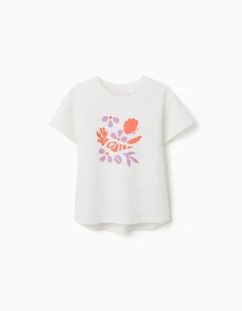 Cotton T-shirt with shell print and dropped shoulders for girls, white