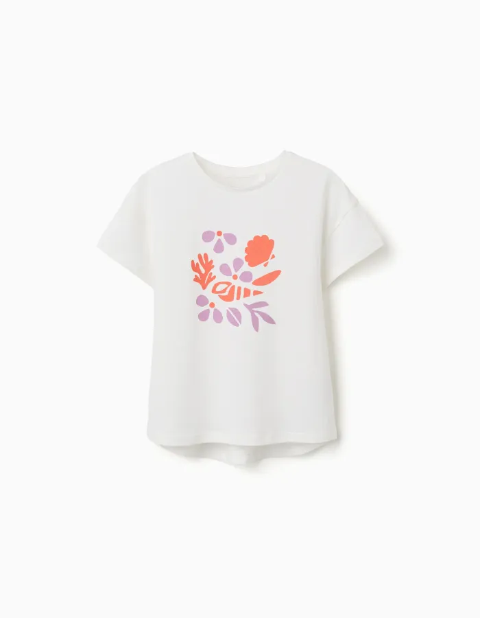 Cotton T-shirt with shell print and dropped shoulders for girls, white