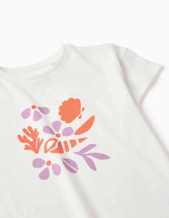 Cotton T-shirt with shell print and dropped shoulders for girls, white
