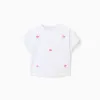 Cropped cotton T-shirt with sequinned flowers for girls, white