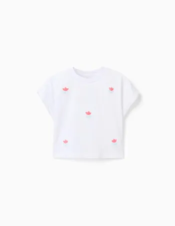 Cropped cotton T-shirt with sequinned flowers for girls, white